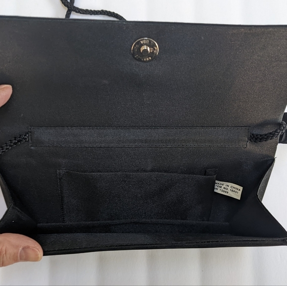 New Black Satin Clutch with Rhinestone Detail and 2 Separate Handle Options - Picture 3 of 4